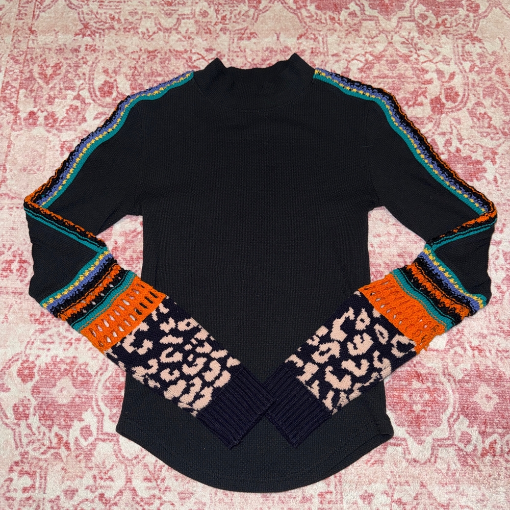 Free People Black Sweater with Vibrant Patterned Sleeves